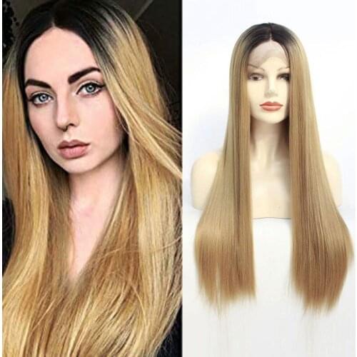 1B/27# Ombre Blonde Long Straight Wigs for Women Natural Looking Synthetic Middle Part Hair Half Hand Tied Heat Resistant Fiber