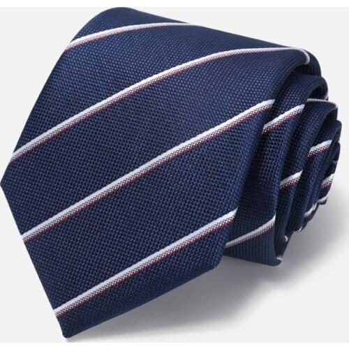 High Quality 2020 Designer New Fashion Navy Blue Striped 8cm Ties for Men Necktie Party Work Business Formal Suit with Gift Box