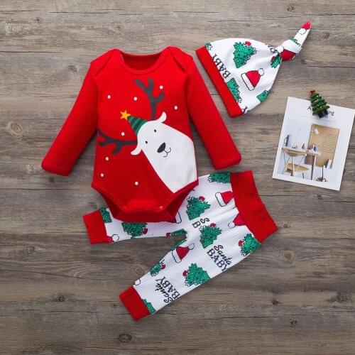 3pcs Infant Clothes Set Autumn Cotton Long Sleeve Round Collar Romper Top Pants Christmas Elk Print Outfits Suits 0-18M