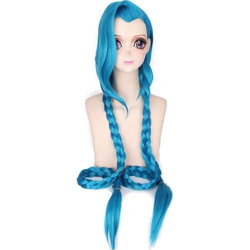 Cosplay Lol Jinx 120cm Long Blue With Double Braids Halloween Anime Costume Wig Heat Resistant Synthetic Hair