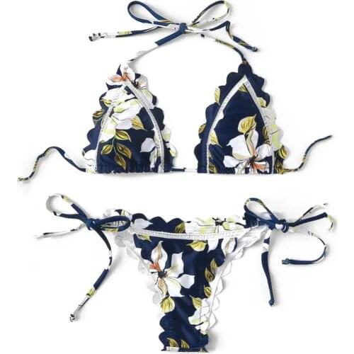 New swimwear flower lace up swimwear women sexy beach bikini two piece low waist printed fashion swimwear set