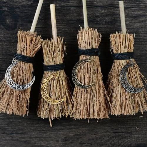 Mini Broom Straw Witch Brooms with Moon Skull Pendant Decorations for Halloween Wicca Altar Broom Witchcraft Accessories
