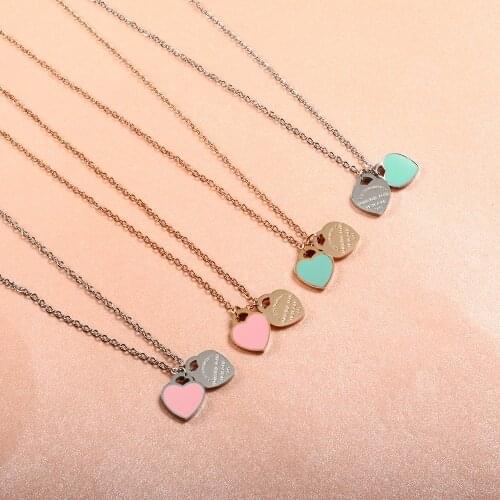 Fashion Pink/Green Enamel Double LOVE Heart-Shaped Pendant Necklace Women Stainless Steel Frang Chain Link Necklace Jewelry Gift