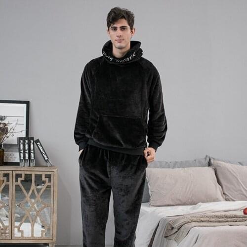 Mens Pajamas Flannel Autumn Winter Long-Seeve Trousers Solid Color Hooded Pullover Thickening Plus Velvet Casual Sport Homewear