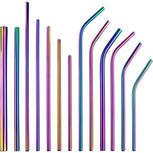1-2Pcs Colorful Rainbow Straw Set 304 Stainless Steel Drinking Straw 16/19/21/23/26cm 12mm Reusable Bent Metal Drink Straw Brush