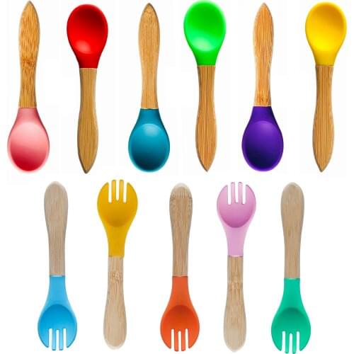Baby Feeding Fork Set, Baby Feeding Spoon SetOrganic Bamboo Handle and Gum-Friendly Soft Silicone Tips