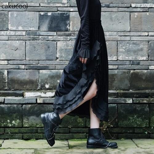 Cakucool 2021 new velvet skirt womens autumn winter A-line skirt sexy high waist retro slit lace splicing little black skirt