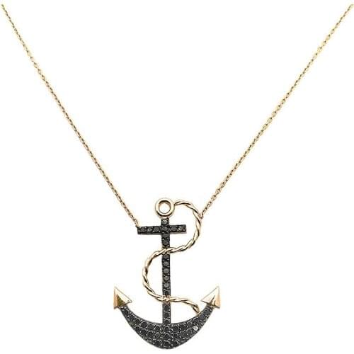 14k Gold Natural Black Diamond Anchor Necklace PN1991CP