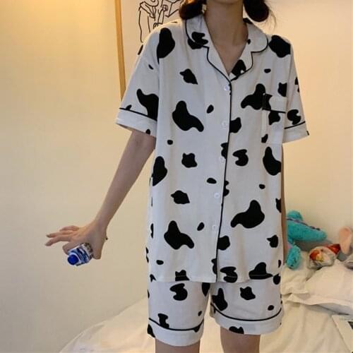 Pyjamas Cute Cow Print Pajamas Cotton Pijamas Women Casual Comfortable Home Suit Two-Piece Sleepwear Women Female Summer Set