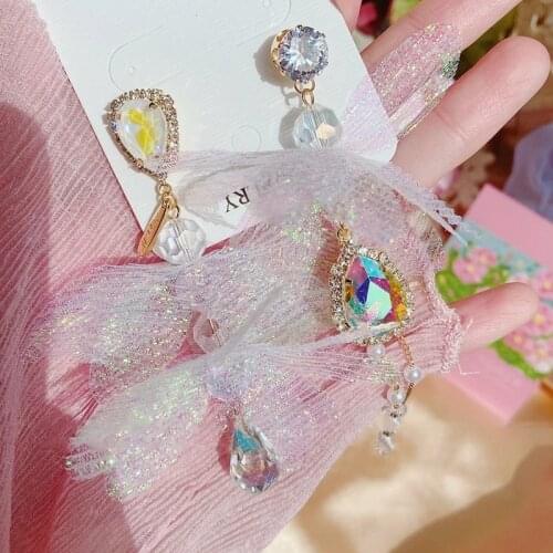 Korean Sweet Yarn Flower Acrylic Beads Long Drop Earrings For Women Ladies Pearl Tassels Fashion Crystal Oorbellen Jewelry Gifts