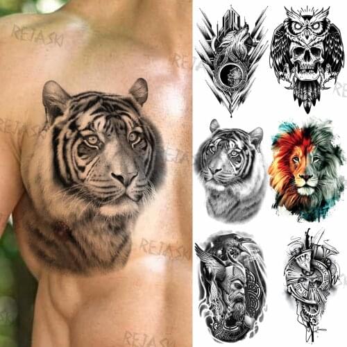 Realistic Tiger Chest Temporary Tattoos For Men Adult Fake Lion Owl Punk Wolf Warrior Tattoo DIY Compass Washable Tatoos Sticker