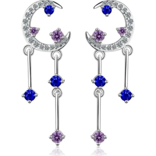 Design wild personality temperament trend sweet shine starry zircon long silver plated stud earrings WE064