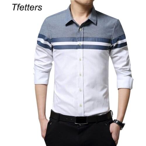 TFETTERS 2020 Fashion Mens Shirts Brand Clothing Slim Fit Patchwork Stripe Clothes Male Long Sleeve Shirt for Men Camiseta Male