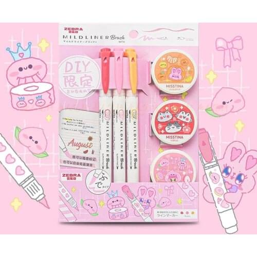 Japan Zebra Mildliner DIY Limited Highlighter Washi Tape 3pcs WFT8 + 3 Rolls of Tape Watercolor Pen Art Supplies