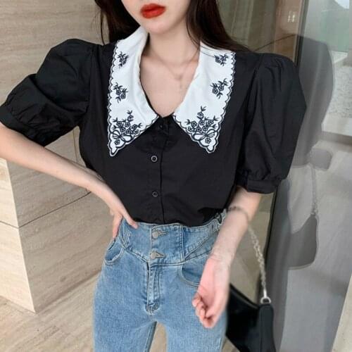 2021 Office Lady Blusas Mujer Tops Summer Blouses Femme Retro Lapel Embroidery Contrast Single Row Loose Bubble Sleeve Shirt
