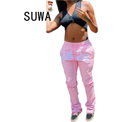 Women Elastic Baggy Pants Leggings High Waist Letter Printed Ruched Trousers Drape Jogger Pants Sweatpants Streetwear