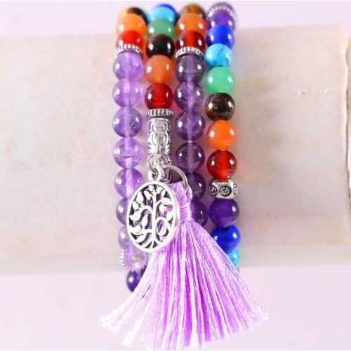 Women Long Bracelet Natural Mala Gem Stone Round Bead Tassel 7 Chakra Purple Crystal Reiki Boho Necklace 27" H073