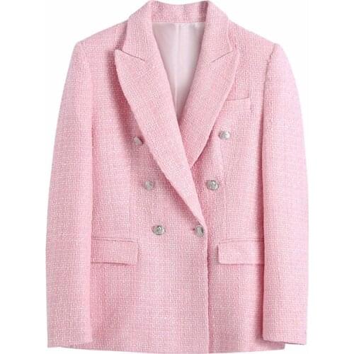 PUWD Sweet Women V Neck Double Breasted Jacket 2021 Spring-autumn Fashion Ladies High Street Coat Female Plaid Texture Blazer