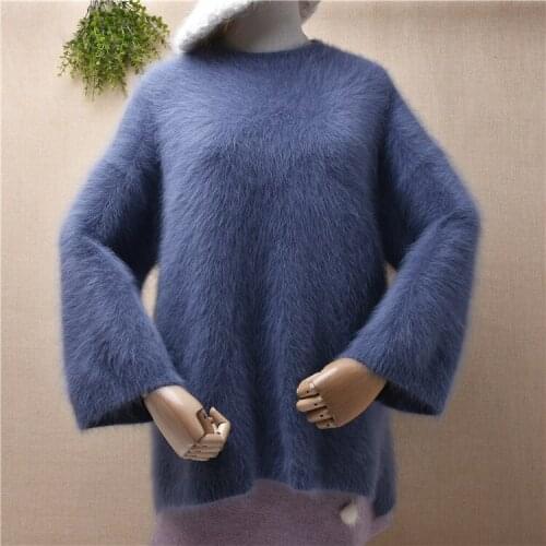 Pull femme Korean fashion angora rabbit fur knitted long flare sleeves split loose pullover fall winter knitwear jumper sweater