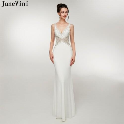 JaneVini Luxury Beading Crystal White Satin Bridesmaid Dresses Sexy Deep V Neck Backless Mermaid Long Prom Gowns Floor Length