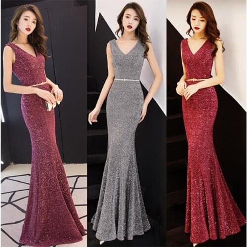 Womens Sexy Banquet Master of Ceremony Evening Dress Shiny V-neck Slim Fit Hip Long Skirt Vest Dress A002