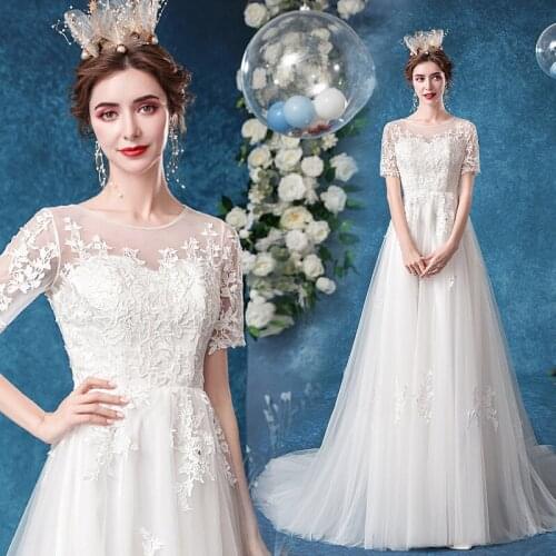 Free shipping white short sleeve somple long training wedding dress bridal dress