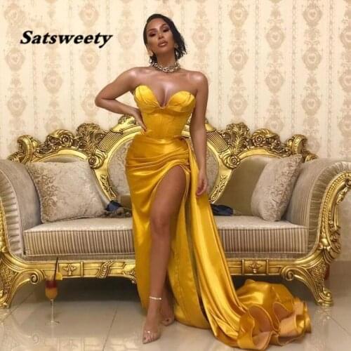 Abendkleider 2021 Gold Sexy Split Prom Dresses Sweetheart Off The Shoulder Long Prom Gowns Party Dresses
