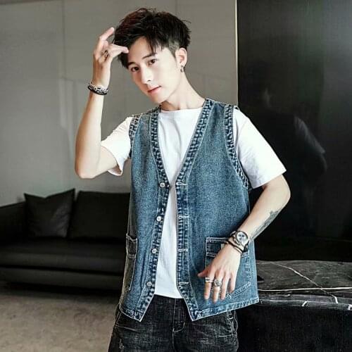 Hot Selling Spring Autumn Mens Denim Vests Vintage Fashion Casual Washed Jean Jacket Vest Slim Collarless Waistcoat Tops Man