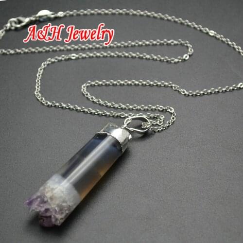 5pcs High Quality Brazilian Purple Crystal Silver Color Cylinder Pendant 18'' Chain Necklace For Men and Women Jewelry