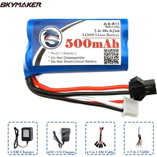 Skymaker Lipo Battery 2S 7.4V 500mAh For MN45 WPL D12 D90 RC Car Boat Gun 2s Lipo Battery With Charger RC Car Accessories 14500