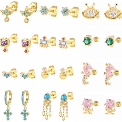 CANNER Turquoise +Colored CZ Stud Earring 925 Sterling Silver Small Marine life Thread Piercing Octopus Earrings For Girl Aretes