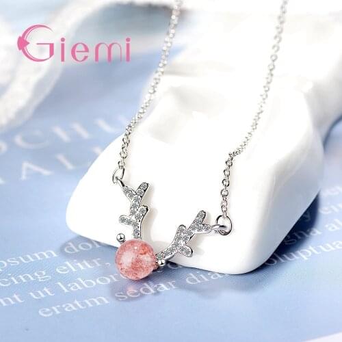 Classic 925 Sterling Silver Animal Deer Necklaces Lucky Pink Strawberry Crystal Elk Antler Pendant Necklace Party Accessories