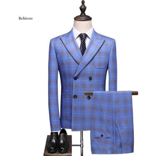 Double Breasted Plaid Suit for Men Light Blue Mens Suits Designers Fit Groom Wedding Suit Man
