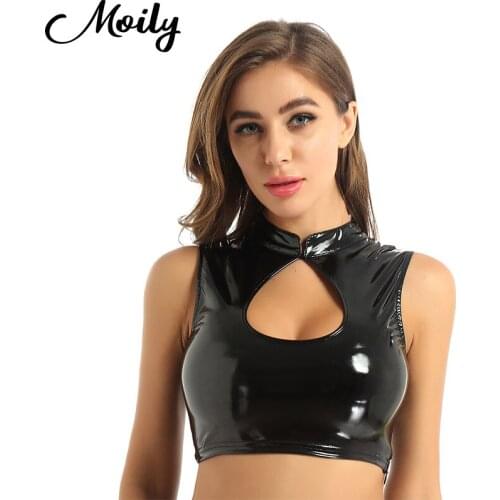 Black Silver Color PU Patent Leather Crop Top Sleeveless Tops Pole Dance Sexy Night Club Wear Exotic Camisole Bustier Vest Tanks