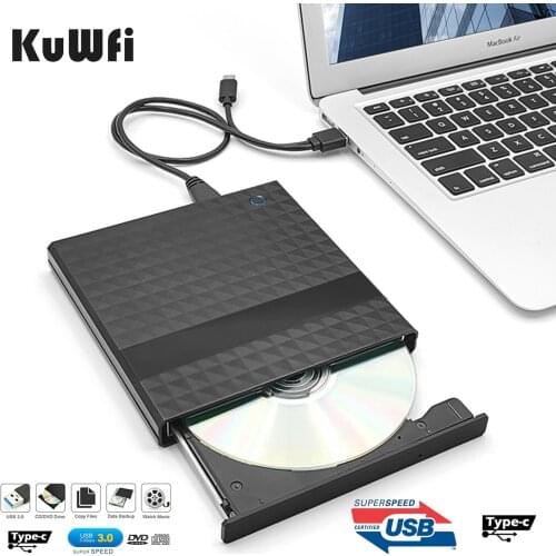 KuWFi USB 3.0 Type-C DVD Drive External CD Burner Driver Read-write Recorder External DVD-RW Player Writer Reader