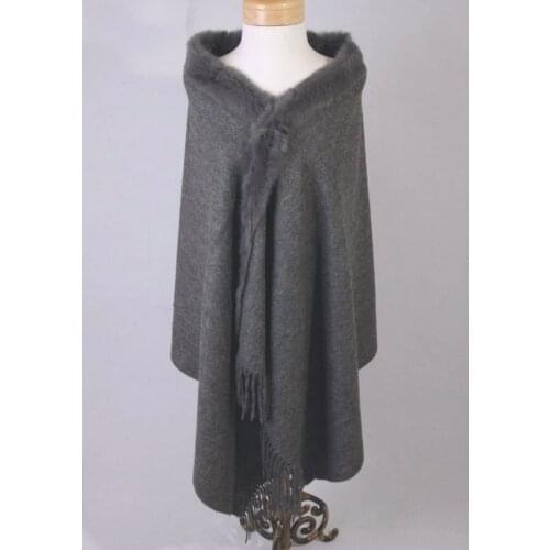 Hot Sale Gray Womens 100% Wool Cape High Quality Rabbit Fur Cashmere Stole Solid Color Poncho Wrap Oversize 180 x 70cm 011610