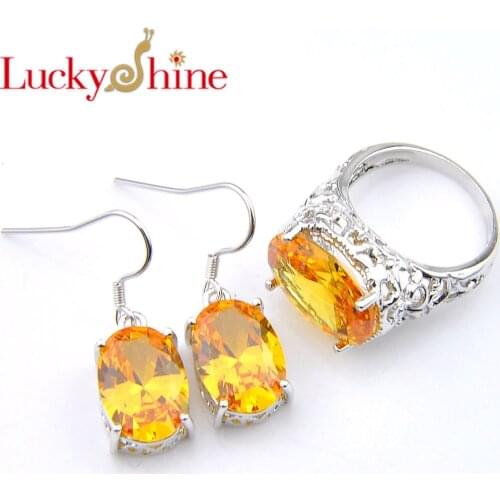Luckyshine New arrival bridal Wedding Jewelry Sets for women unique Yellow Crystal Silver Rings Dangle Earrings Jewelry Sets