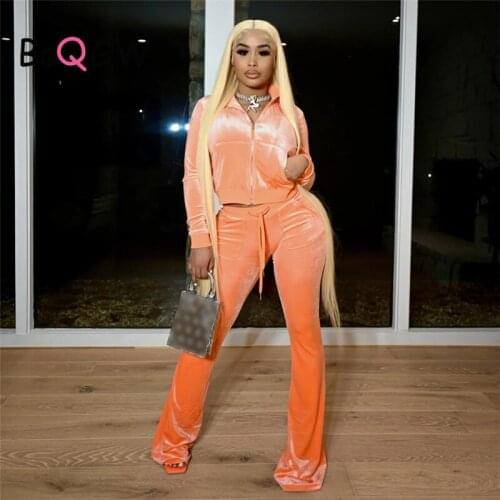 BaQGW Fashion High Waist Flare Pants Women Winter Velvet Two Piece Outfits Casual Zipepr Jacket Velour Sportswear Matching Sets
