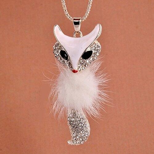 2020 New Fashion Cute Fox Pattern Pendant Rhinestone Inlaid Fur Necklace Long Sweater Chain Jewelry Decor Accessory Gift