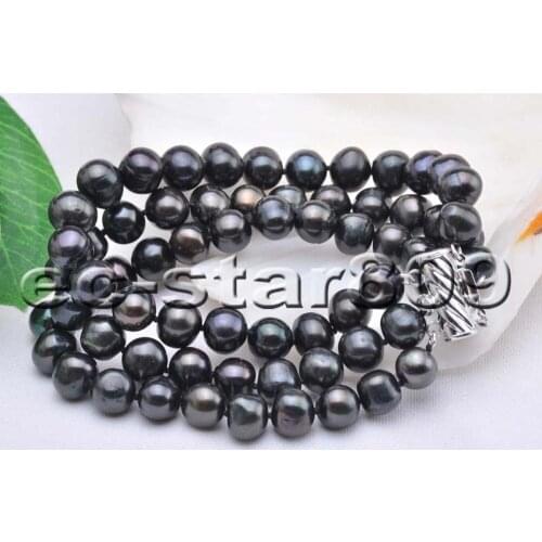 P5905 3Row 8" A+ 9mm Black Round Freshwater Cultured Pearl Bracelet Women Fine Jewelry