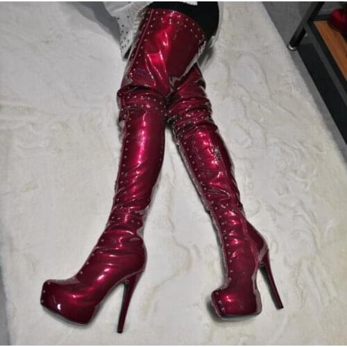 Sexy Black Blue Burgundy Rivets Leather Platform Thigh High Boots Woman Fashion Studs Thin Heels Over The Knee Long Club Boots