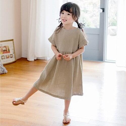 2019 Summer Big Girls Dress Loose Ruffles Cotton Linen Short-sleeved Teens Dresses Casual Kids Outfits Princess Kids Clothes