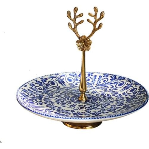 Handmade Brass with Ceramic Creative Blue and White Double-Layer Fruit Tray Dried Fruit Storage Tray Dim Sum Afternoon Tea