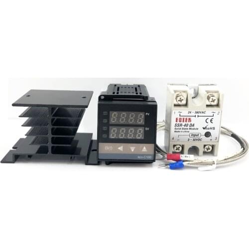 REX-C100 Digital Thermostat PID Temperature Controller SSR output + Max.40A SSR Relay + K Thermocouple Probe heat sink 0-1300C