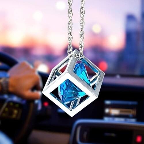Blue Diamond Cube Crystal Car Rear View Mirror Charms, Bling Car Accessories, Car Charm & Home Decor Ornament (Blue)