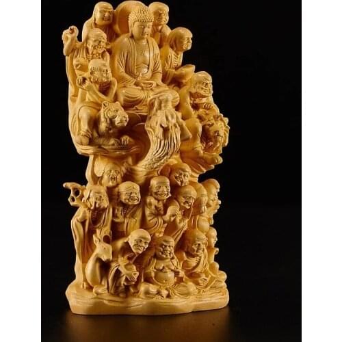 Sculpture Boxwood Buddha Statue, Solid Wood Home Decoration, 16cm, 18 Hats