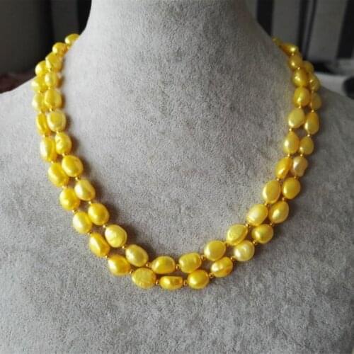 Unique Pearls jewellery Store Yellow Color 8-9mm 2rows Baroque Genuine Freshwater Pearl Necklace