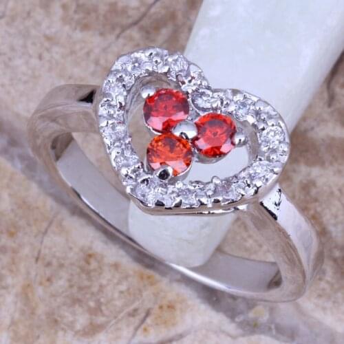 Outstanding White CZ Red Garnet Silver Plated Stamped Heart Ring Size 6 / 7 / 8 / 9 R0178