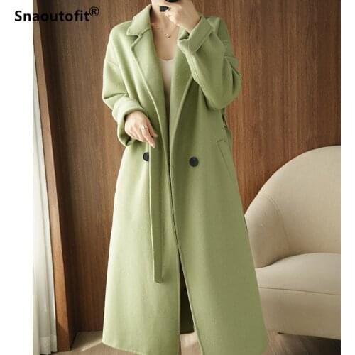 High-End Double-Sided Wool Coat Womens Long Autumn And Winter 2021 New Lapel Large Size Loose Belt Back Buckle Coat Solid Color