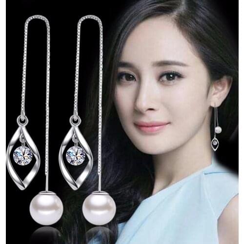 Pearl Zircon Earrings Tassel Long Water Drop Earrings For Women Silver color Brincos Earing Oorbellen Earings Jewelry